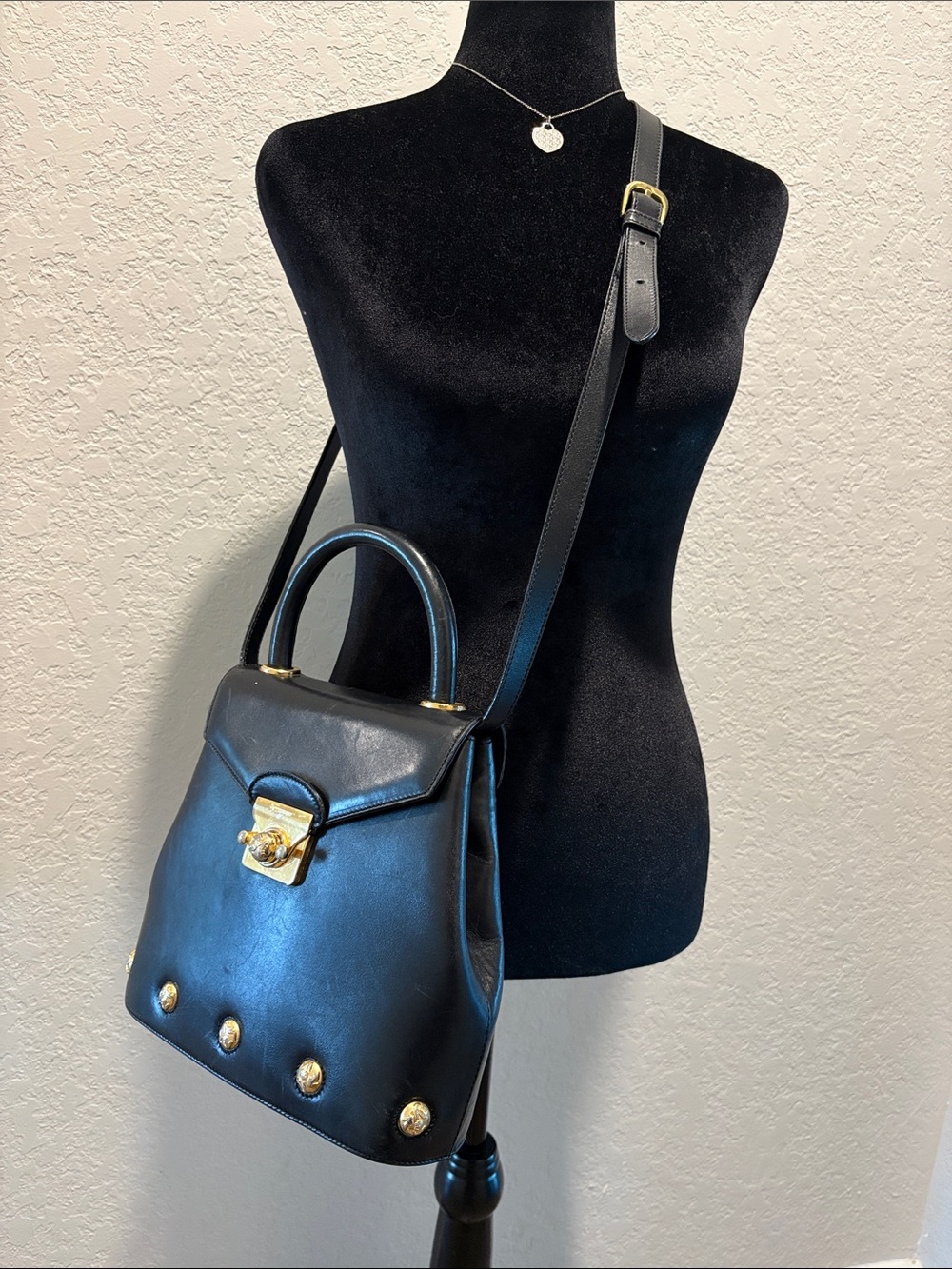Salvatore Ferragamo Studded Black Leather Top-Handle Satchel